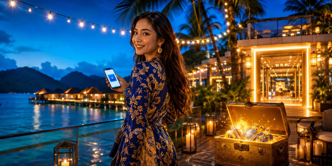 Pengguna di Langkawi membuat deposit menggunakan telefon dalam pakaian batik